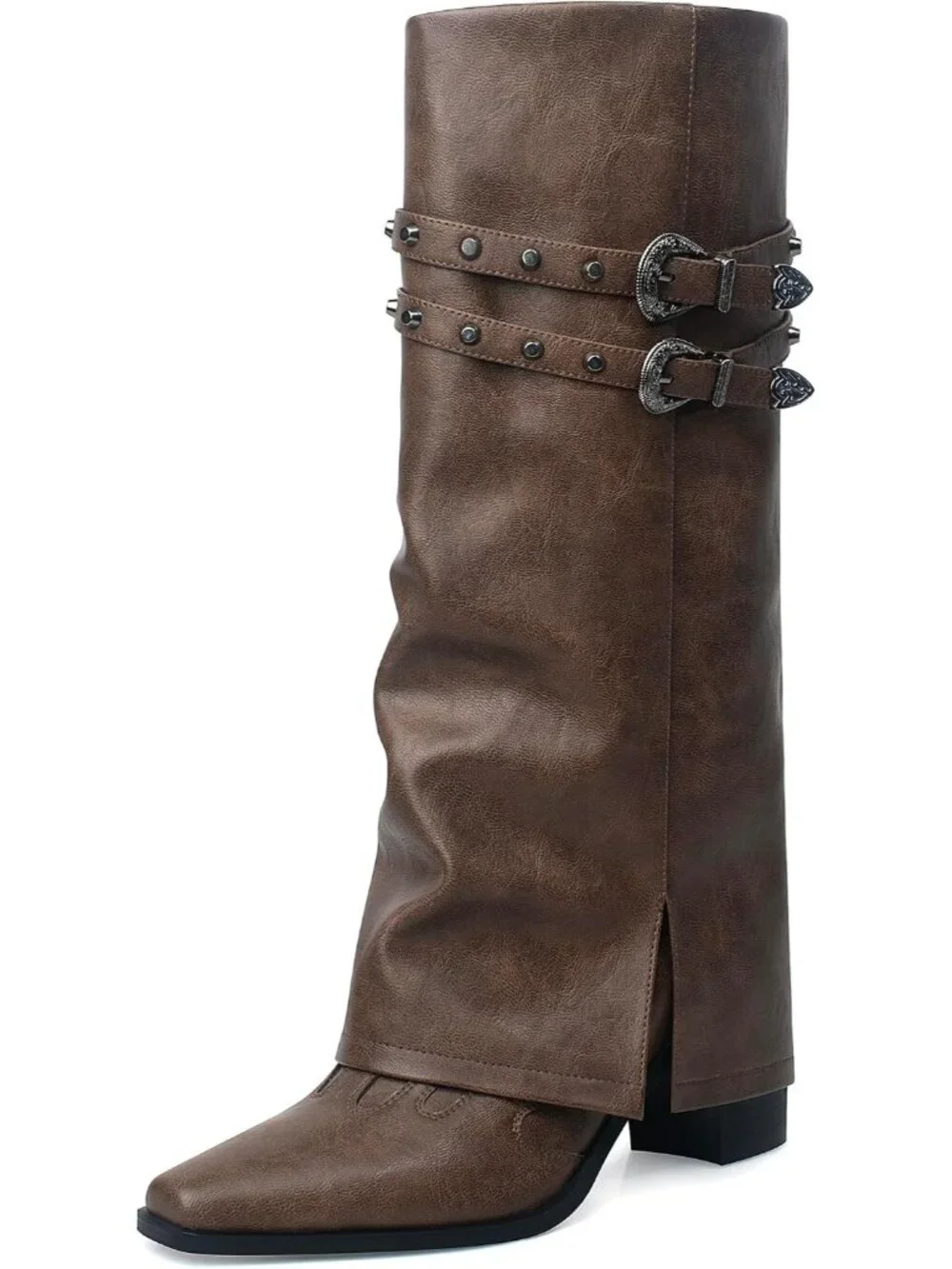 Women's Dark Brown Pointed Toe Block Mid Heel Fold Over Wide Calf Knee High Boot